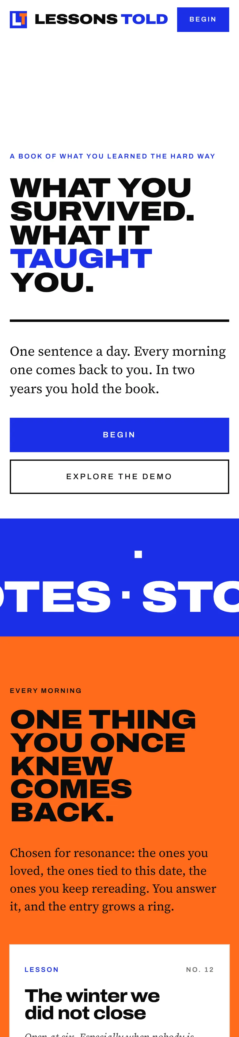 Lessons Told website on a phone